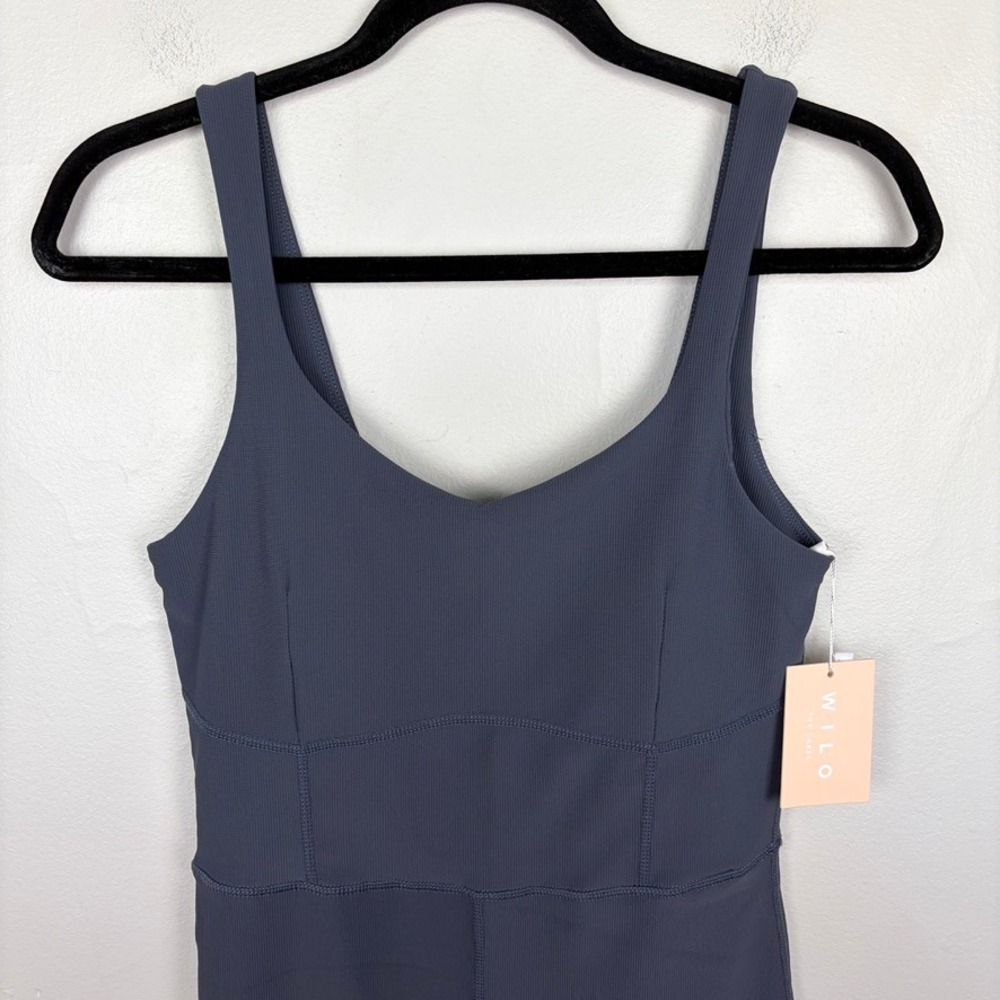 Wilo The Label V-Neck Flare Unitard Gunmetal Sleeveless Jumpsuit Blue Size M - Picture 2 of 11